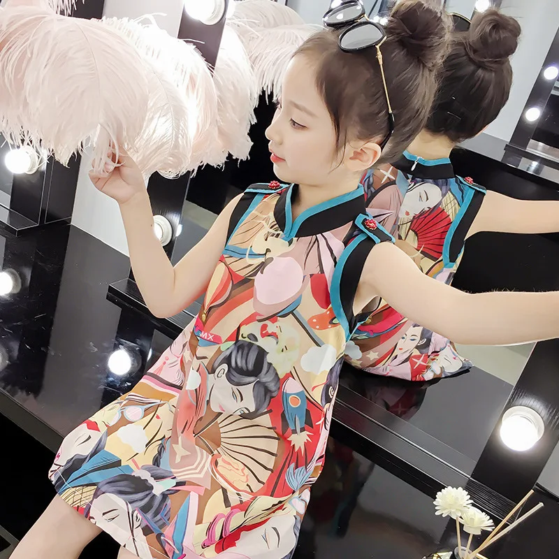 

Girls Ethnic-Style Dress 2019 Summer New Style Big Boy Chinese-style Cheongsam Graffiti Vest Skirt