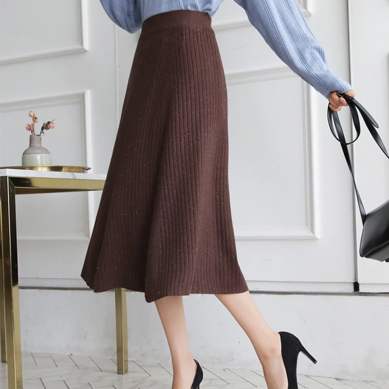 

Elegant Chic Solid Midi Pleated Knitted Skirt Women 2020 Autumn Winter Korean A Line Luxury Fashion High Elastic Waist Skirt New