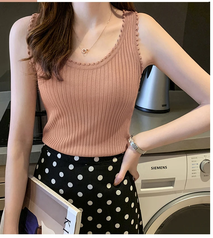 Ice Silk трикотажные женские короткие летние Майки Топы сплошной цвет Тонкий жилет женская нижняя рубашка пуловер Топ женский AN152