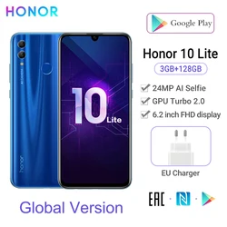 Huawei Honor 10 Lite глобальная Версия Мобильный телефон, 3 Гб оперативной памяти, 128 ГБ 24MP двойная камера AI 6,2 дюймов 3400 мАч Android 9 Google Play обновление OTA