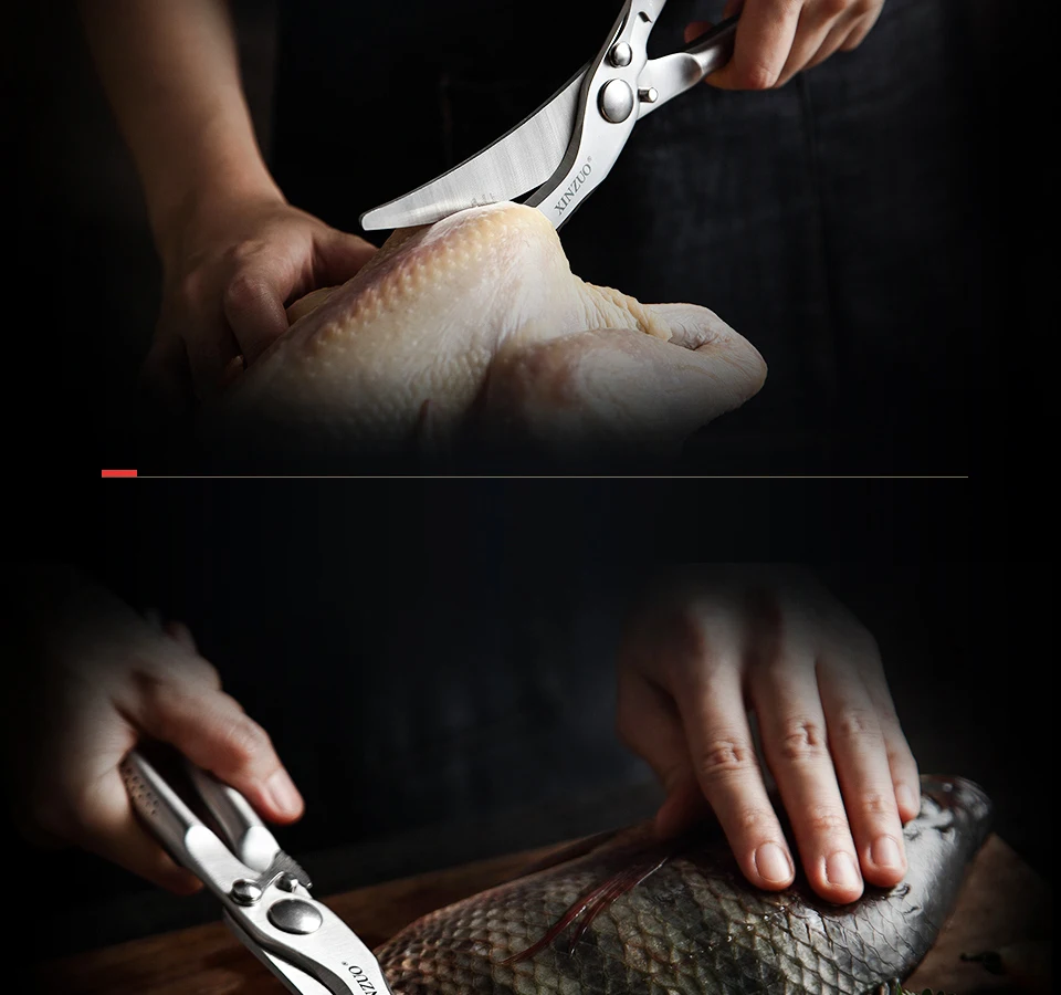 XINZUO бытовые Многофункциональные кухонные ножницы 4Cr14N из нержавеющей стали Tesoura вырезанные куриные кости рыбы с самостоятельным карабин