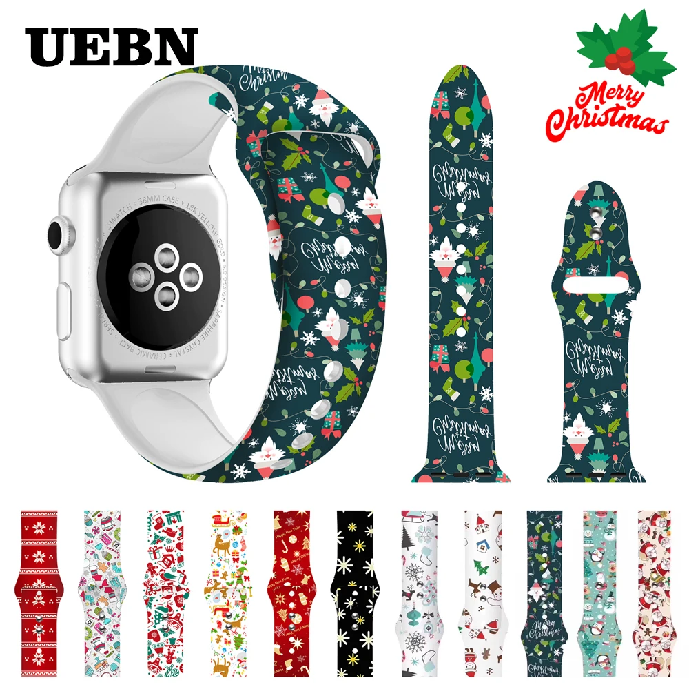 

UEBN Silicone Christmas band for apple watch series 5 4 3 Printing Replaceable strap for iwatch 40mm 44mm 38mm 42mm watchbands