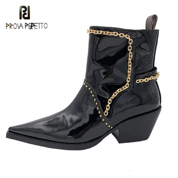 

2020autumn/winter New Pointed Cowboy Boots Women's Leather Short Tube Chain Western Side Zipper Thick Heel All-match Ankle Boots