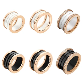 

2020 New High Quality Inlaid Zircon Black White Ceramic Rose Gold Bulgarian Jewelry Ladies Classic Men's Ring Free Shipping
