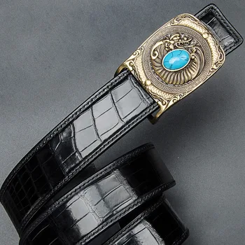 

Authentic Crocodile Belly Skin Green Diamond Buckle Men's Waist Strap Genuine Alligator Leather Bronze Smooth Buckle Male Belts