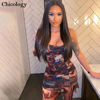 

Chicology pattern print ruffle thin strap mini dress 2020 women summer sexy bodycon sleeveless female party club short clothes