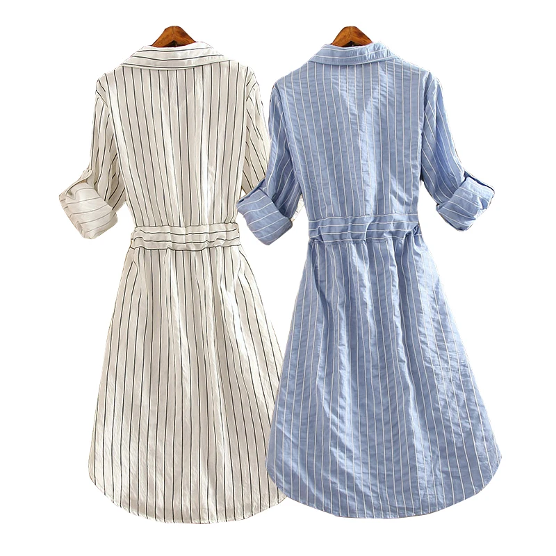 Foxmertor модное женское платье, вечерняя рубашка с длинным рукавом, новинка, свободные большие размеры, синие белые платья в полоску с отворотом, тонкое платье