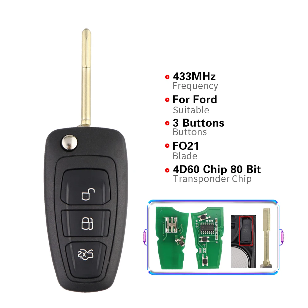 Chiave/Telecomando Per Ford Mondeo Transit Connect Focus 2 Mk1fiesta 2013 Fo21 Blade - 3 Pulsanti 433mhz 4d60 Chip Smart Remote Flip Ford -