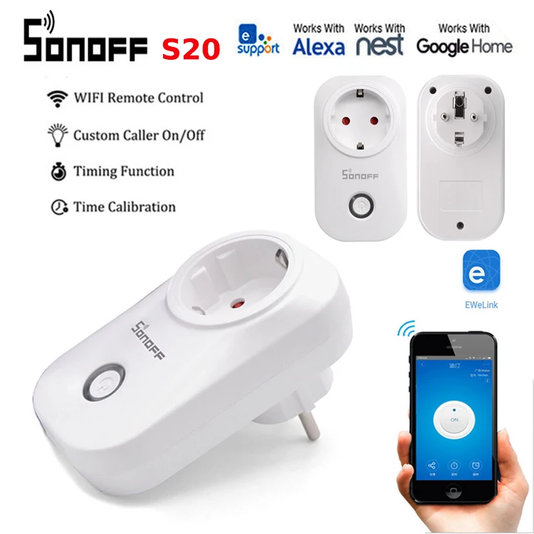 Ewelink Itead Sonoff S20 Смарт Wi-Fi розетка ЕС стандартный приложение пульт дистанционного управления для контроля работы бытовой техники работа с Alexa/Google home