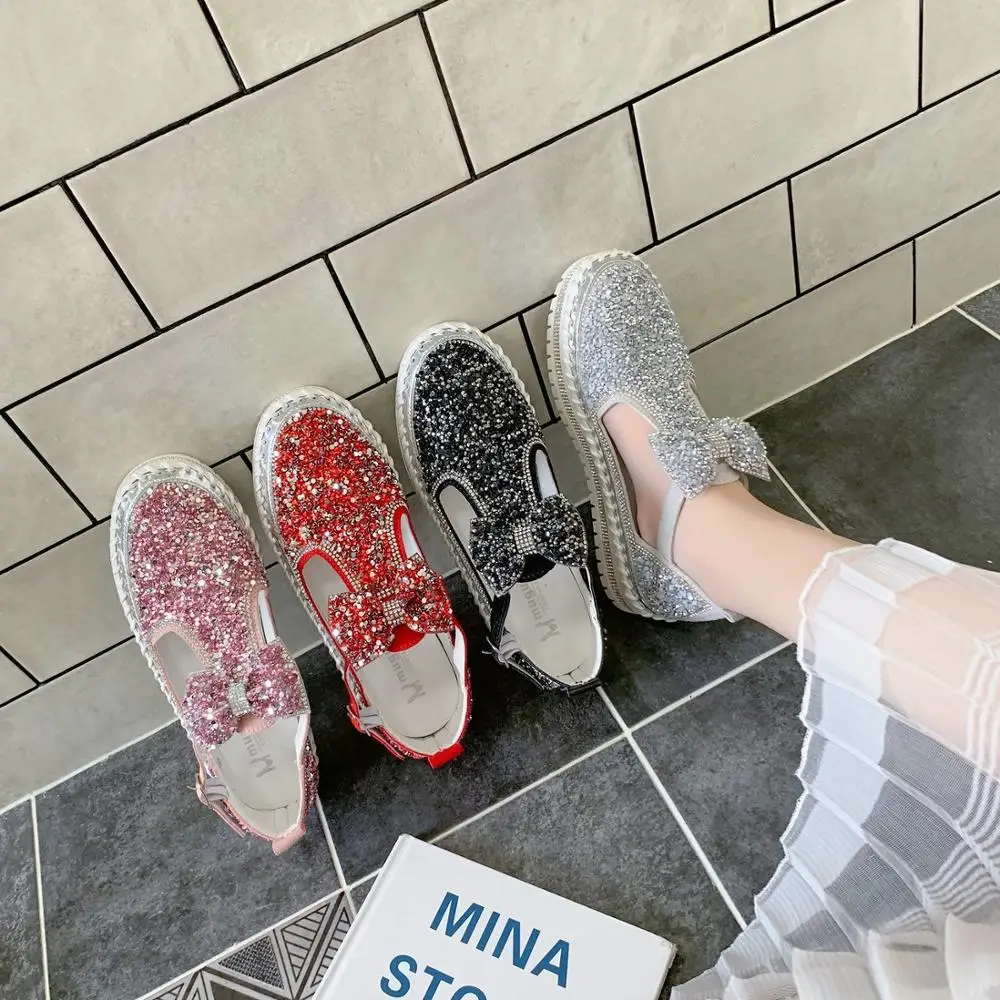 

Rhinestone Women Flats Leather Loafers Spring Women Shoes Woman Crystal Sequins Bow-knot Platform Casual Moccasins Women