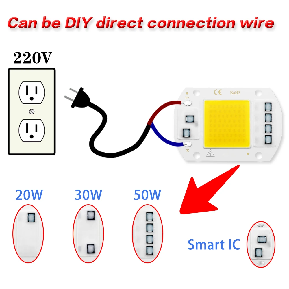 Светодиодный чип COB AC 220 В, 20 Вт, 30 Вт, 50 Вт, Smart IC, не нужен драйвер, DIY светодиодный светильник с бусинами для прожектора, светодиодный прожектор, белый свет