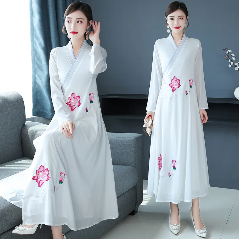 

2019 Autumn And Winter New Retro Chinese-style Embroidery Zen Tea Serving Dress Women's Ethnic-Style Robe Chinese Clothing