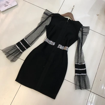 

2020 Spring New Korean-Style Retro Slim Stretch Dress Women's Long-Sleeve Package Hip One-Step Dress Midi Dresses Vestidos Femme