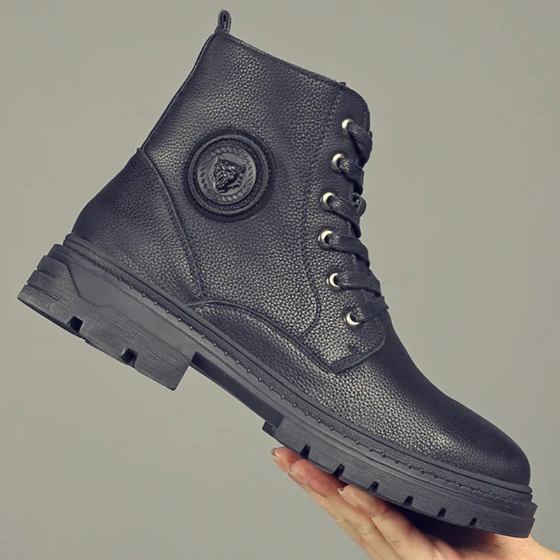 

Martin Boots Men's Large Size 45 Lace-up Elevator Leather Boot Men's High Shoes Korean-style England Black And White with Patter