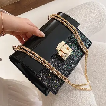 

Sequins Square Crossbody Bag 2019 New High Quality Patent Leather Women's Designer Handbag Lock Chain Shoulder Messenger Bag