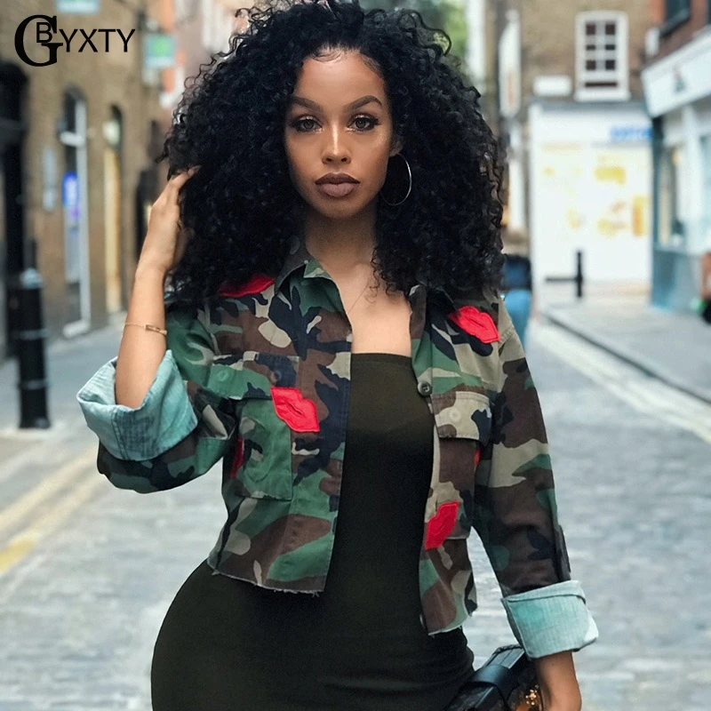

GBTXTY Plus Size 3XL Cropped Camouflage Jacket and Coat 2019 Autumn Women Long Sleeve Red Lips Bomber Jacket Streetwear ZL415