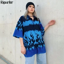 Rapwriter Fashion Flame Print Long Blouse Women 2020 Summer Loose Half Sleeve Turn Down Collar Shirt Ladies Hip Hop Button Tops