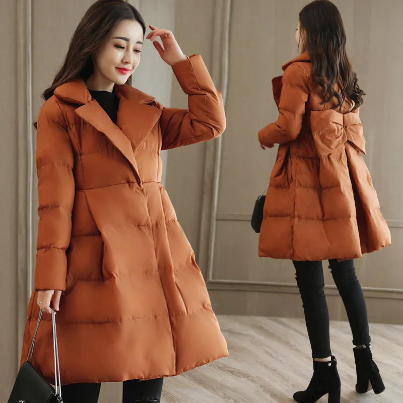 

2018 Autumn And Winter New Style down Jacket Cotton-padded Clothes Women's Korean-style Slim Fit Slimming Mid-length Elegant Bow