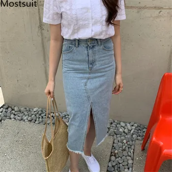 

2020 Summer Korean Tassels Front Splitting Denim Midi Skirt Women Highg Waist Button Fly Pencil Long Skirts Fashion Solid Skirts