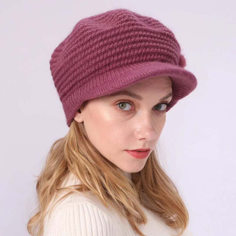 4 Europe and America ladies autumn and winter beret new solid color knitted hat plus velvet warm rabbit fur cap - Цвет: 4