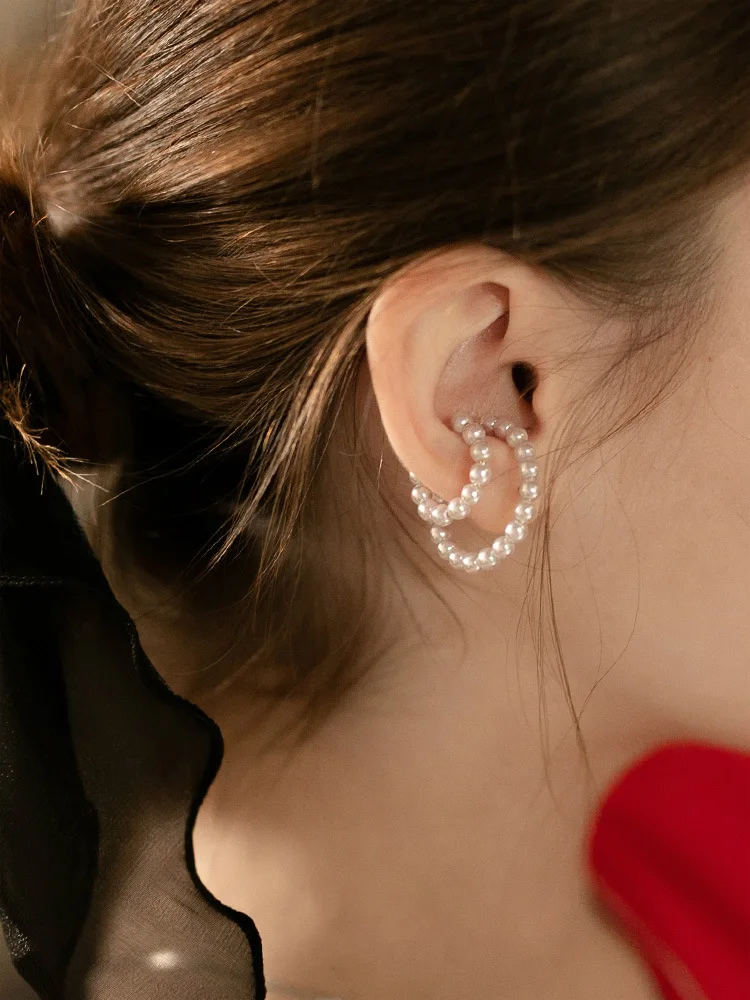 Double Layered Pearl Ear Cuff Trendy Single Pack Earring Circle Clip On Non-Piercing Cartilage Earrings For Women | Украшения и