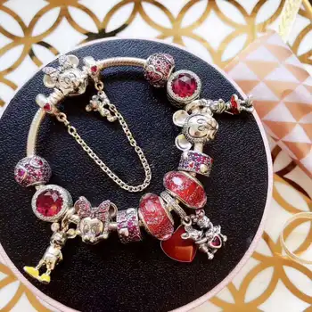 

High Quality Store 1:1 100% 925 Silver sterling charm enamel red enamel beads love mouse freight bracelet free