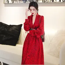 Sexy v neck leopard print dress lace up long sleeve retro over