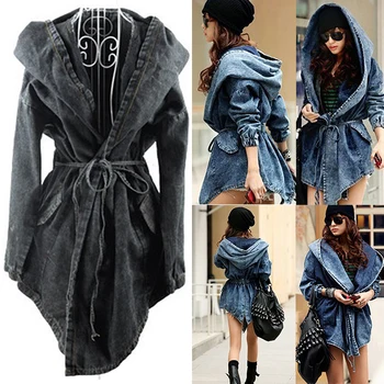 

chaquetas mujer 2019 Autumn Winter Women Jacket Cardigan Windbreaker Lace Up Bandage Hooded Cloak Denim Jacket denim belt coats