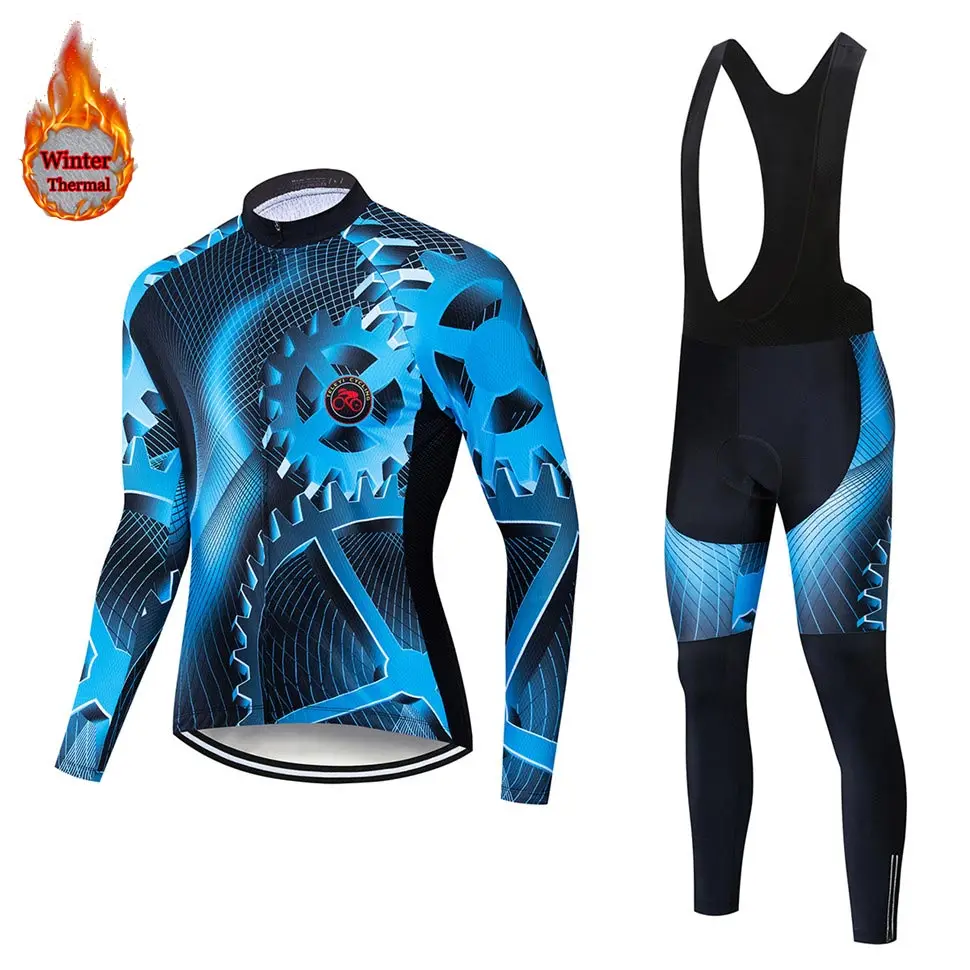 teleyi gear team Велоспорт Джерси набор с длинным рукавом Зимний теплый флис Ropa Ciclismo мужская спортивная одежда для велоспорта