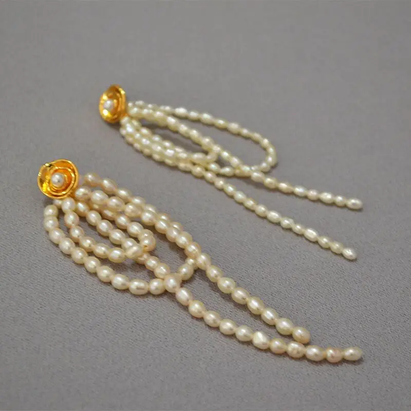Natural Freshwater Pearl Dangle Earrings Cluster Gold Statement Wedding Party Vintage Jewelry for Women Girls
