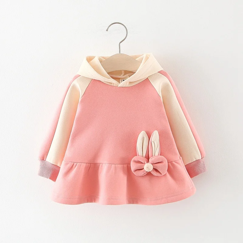 Girls Autumn Princess Dress Long Sleeve Velvet Hooded Bow Dress Winter Baby Kids Children Sweatshirt-Dresses Vestido S10038 - Цвет: Pink