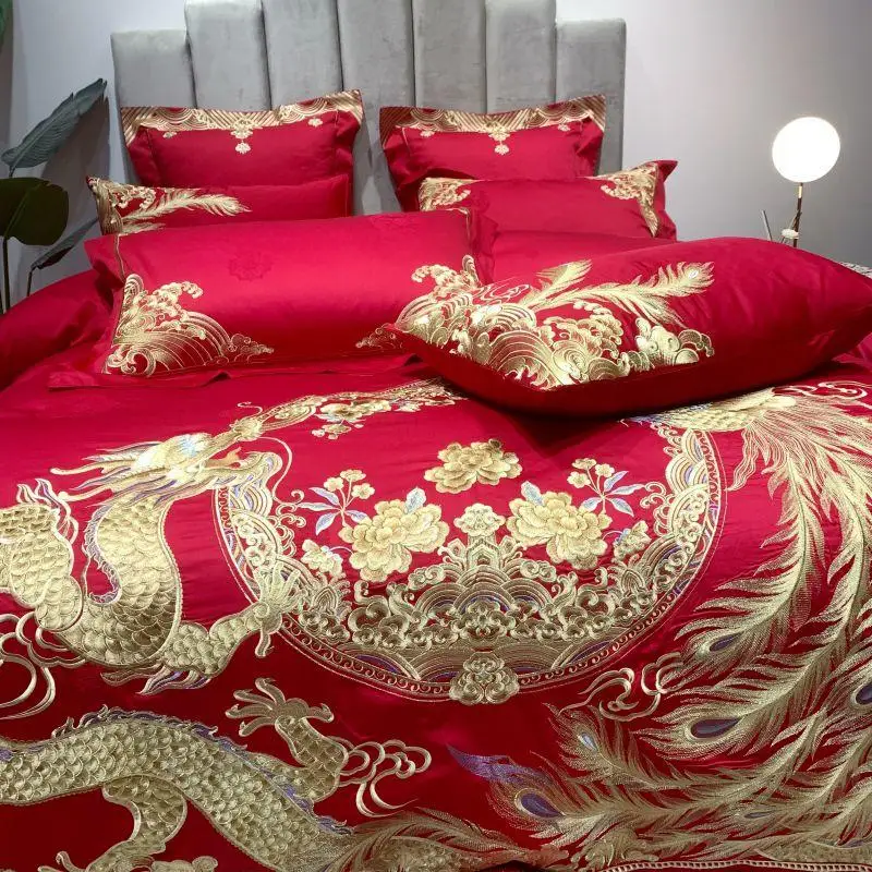 Century wedding Bedding Set red embroidery Bed Set 100S Long-staple cotton Duvet Cover Set Queen King size Bed Sheet Pillowcases