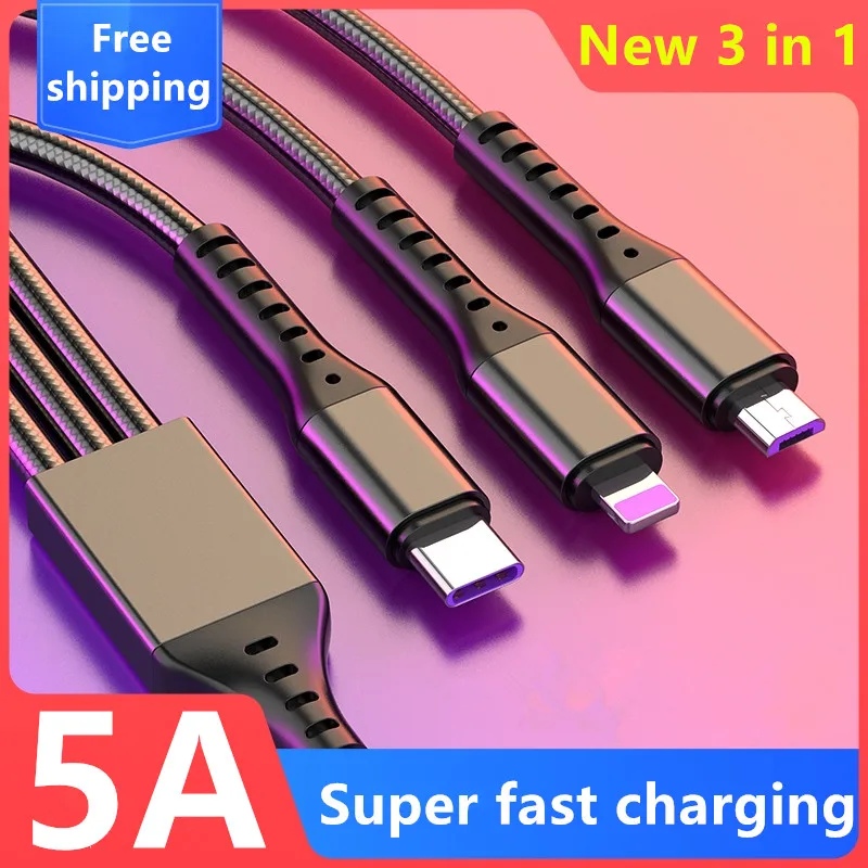 5a 3in1 cabo de dados usb para iphone carregador rápido cabo de carregamento para o telefone android tipo c xiaomi huawei samsung carregador fio ipad