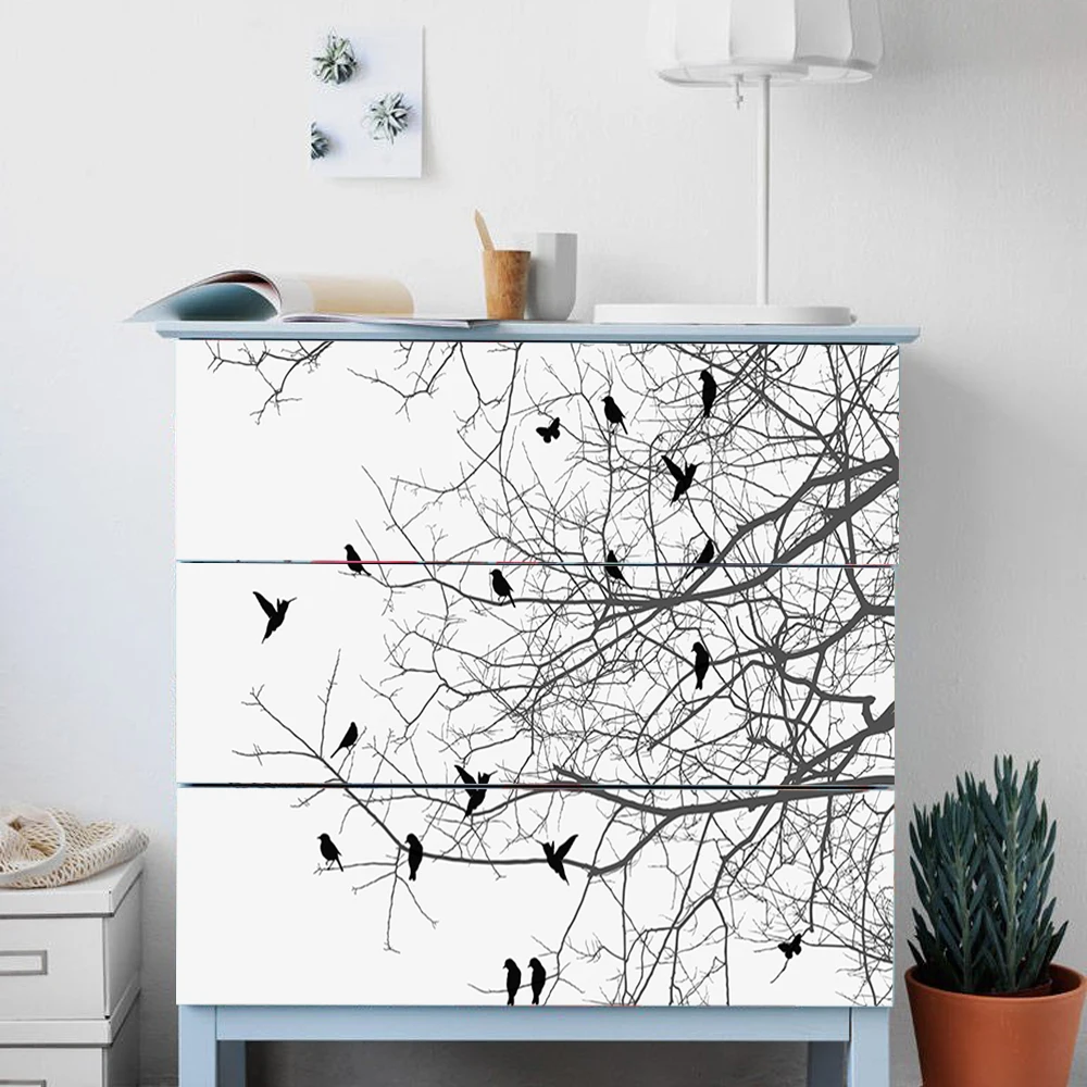 3 Pcs x 31.6x7.9 Peel and Stick Furniture Sticker Skin Removable Drawer Front Stickers Alwayspon Tree and Bird Decals for IKEA MALM Dresser 