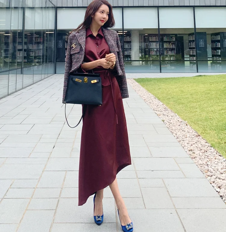 JSXDHK High Quality New Arrival Shirt Long Dress Elegant Fall Women Pink Turn Down Collar Lace Up Fashion Split Office OL Dress