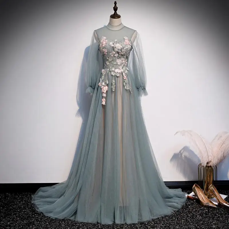 Элегантное длинное вечернее платье в сеточку, женское платье Qipao Robe De Soiree с аппликацией и вышивкой, Платье макси с рукавами-фонариками Vestidos - Цвет: Style 2