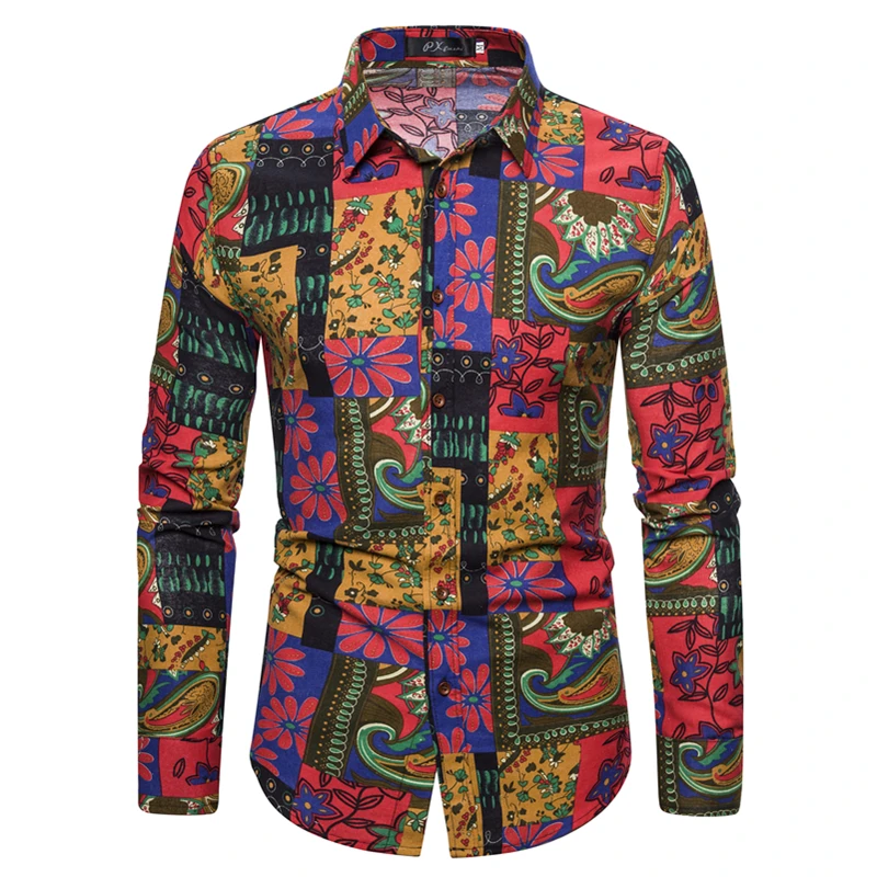 Роскошная льняная рубашка с цветочным принтом, мужская рубашка с длинным рукавом, Национальный Дизайн, мужские Гавайские рубашки, винтажная приталенная сорочка, Homme, 5XL