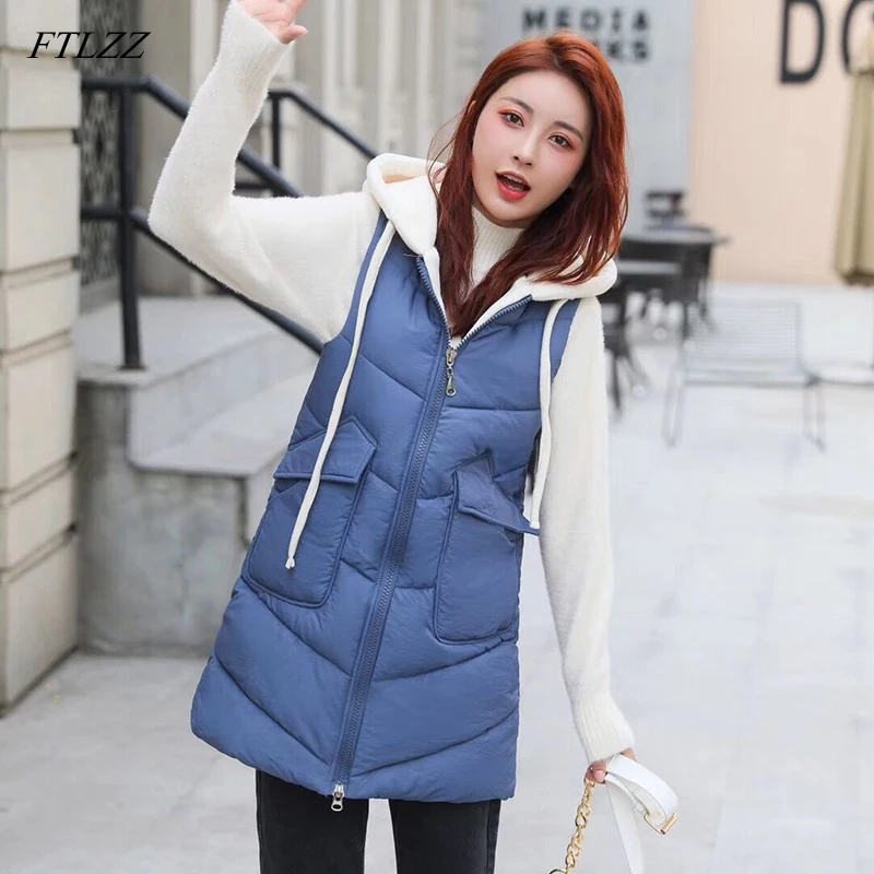 

FTLZZ 2019 New Women Vest Cotton Padded Parkas Coat Autumn Slim Hooded Thicken Waistcoat Female Casual Sleeveless Long Jacket