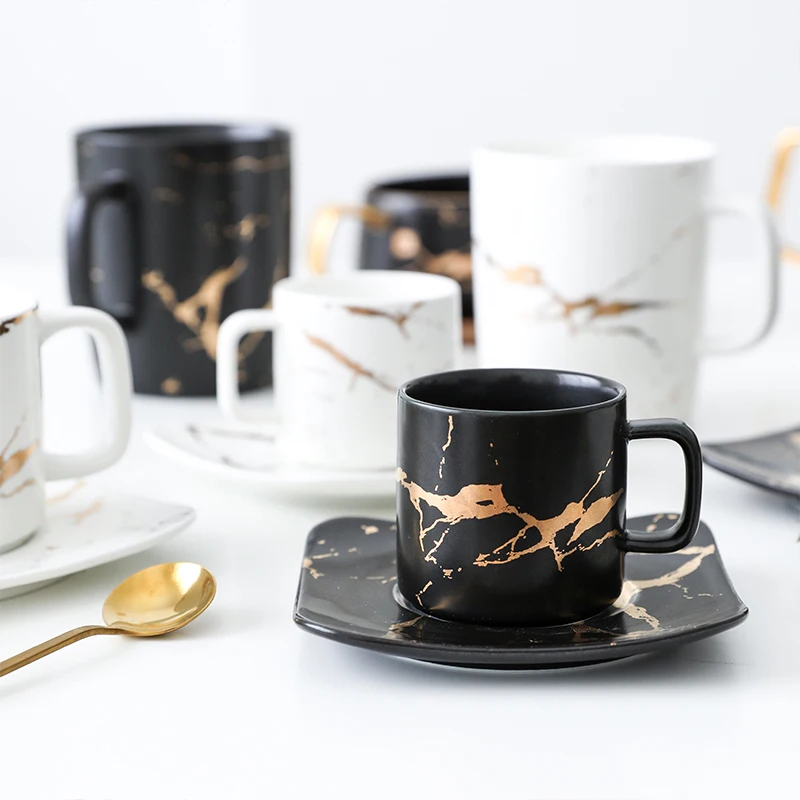 

Nordic Matte Ceramic Marble veins Tea Coffee Cups and Saucers set Coffee mug afternoon tea Cup espresso cups with Wood Lid Set
