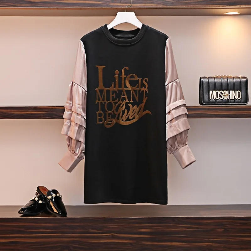 

2020 Spring New Style Large Size Dress Korean-style Fat Mm Loose-Fit Western Style Printed Letter Joint Long-sleeved T-shirt Top