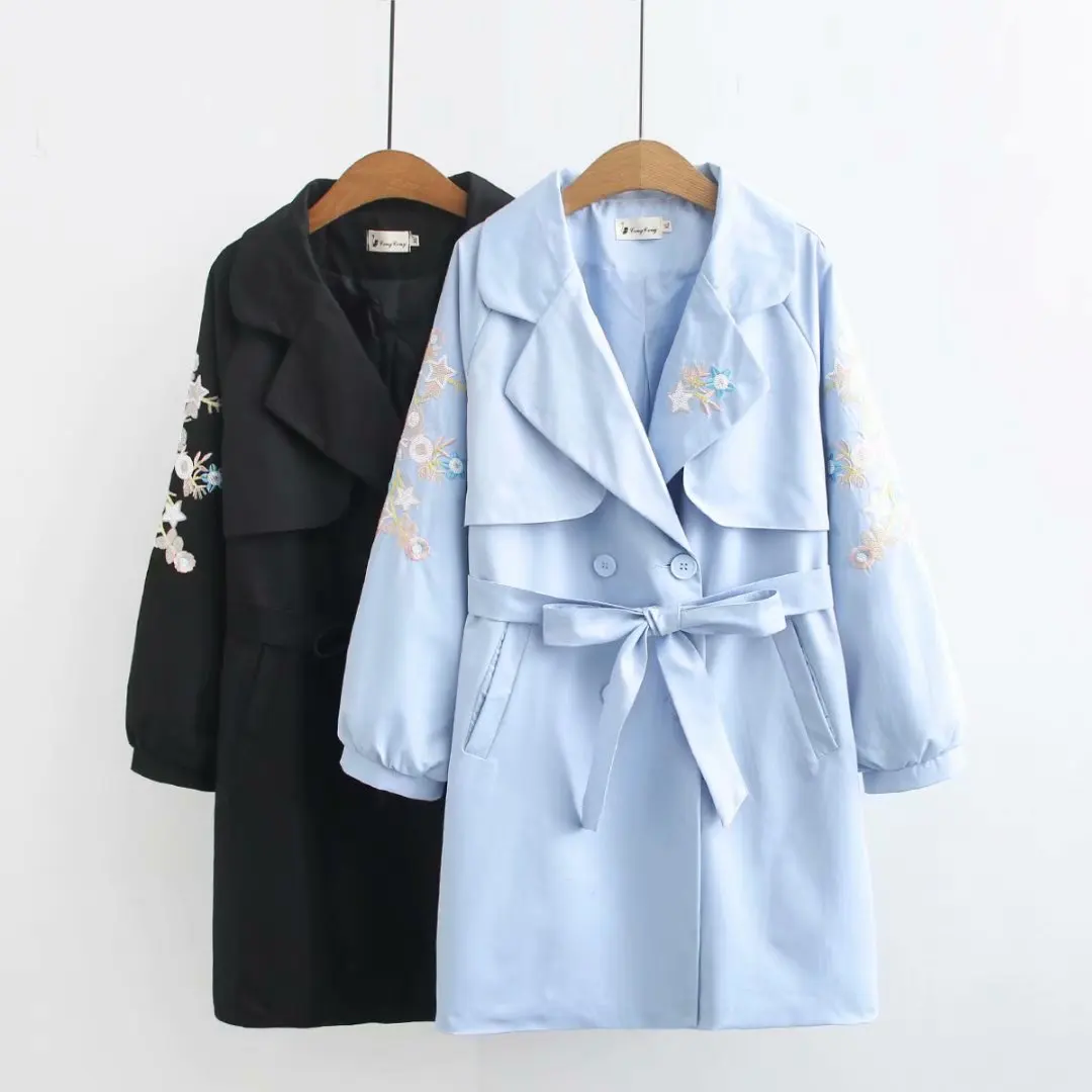 Plus size Embroidery Adjustable waist bow women loose long Trench coats NEW spring autumn office ladies slim coats female