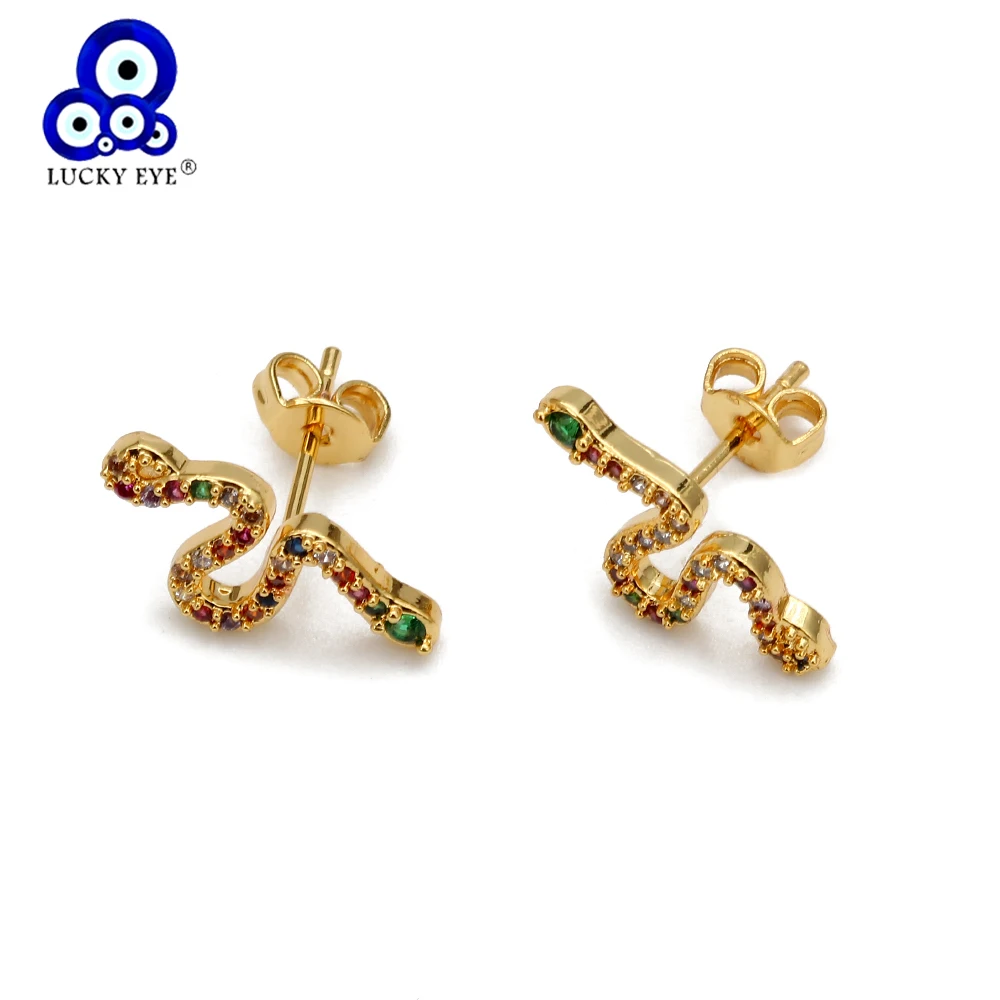 Счастливый глаз цветной Яркий Циркон серьги-гвоздики в виде змеи золотой цвет