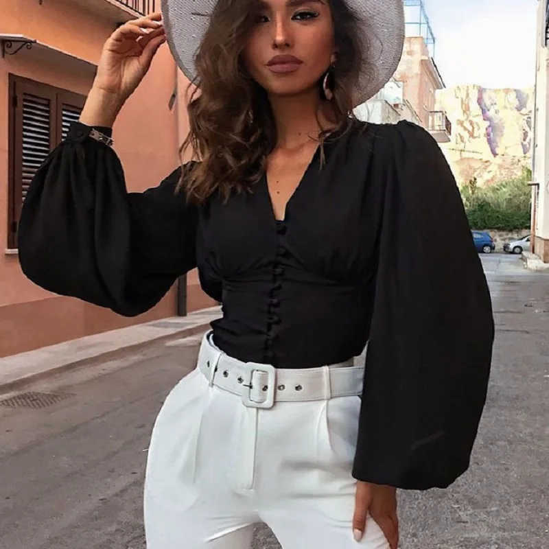 

2020 Spring Blouse Sexy Waist Lantern Sleeve Deep V Shirt Slim Shirt Solid Color Retro Black Bubble Sleeve Shirt Clothes