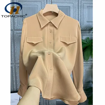 

12.16 New Women 100% Silk Shirt Temperament Turn-down collar Single breasted Solid Loose Blouses