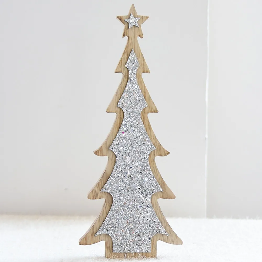 L sliver 35x14cm Рождественские настольные украшения Рождественская елка в форме деревянных поделок со снежинками и блестками декоративные украшения - Цвет: L sliver 35x14cm