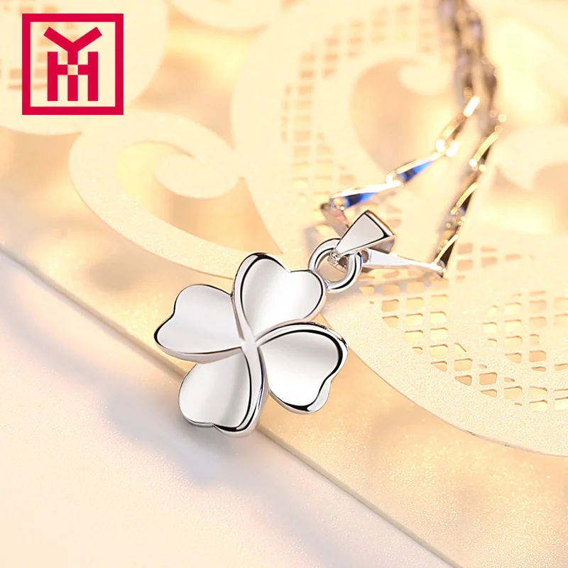 

S999 Fine Silver Pendant New Style Simple Shiny Side Lucky Clover Necklace Women's Choker Accessories