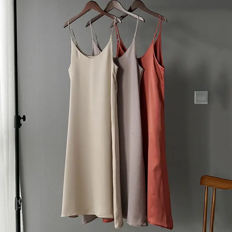 

Summer 2020 Woman Tank Dress Casual Satin Sexy Camisole Elastic Female Home Beach Dresses Lady V-neck Camis Imitation Silk Dress