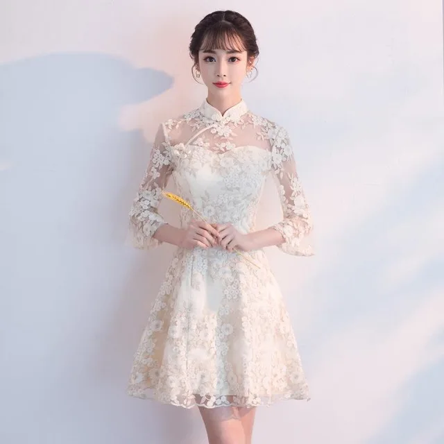 Сексуальное короткое Кружевное платье большого размера 4XL Cheongsam в китайском стиле, женское свадебное платье, новинка, рукав 3/4, воротник-стойка, Qipao Vestidos