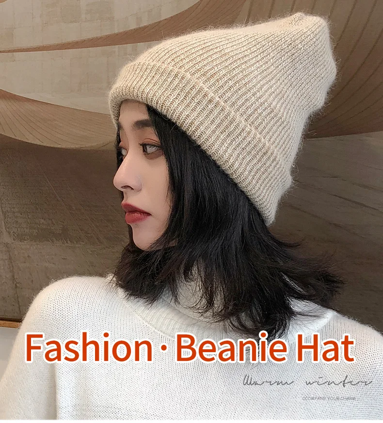 Зимние шапки-бини для женщин, вязаные шапки Gorros, теплые новые Брендовые женские повседневные однотонные шапки из кроличьей шерсти, Утолщенные мягкие шапки для женщин
