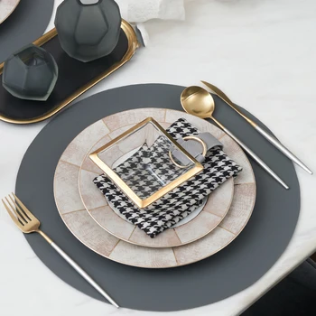 

Creative Restaurant Hotel Tableware Set Table Setting Table Dinner Plate Gold Stroke Lattice Dinner Plate